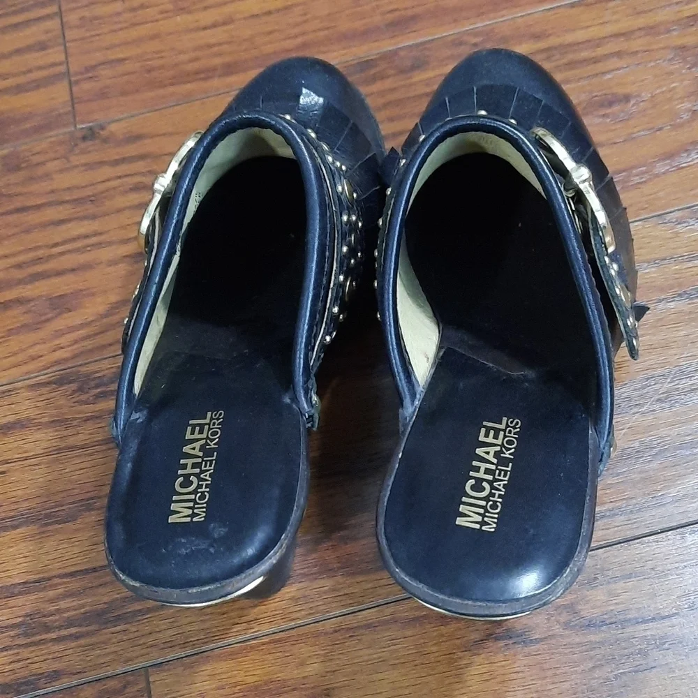 Michael Kors Black Gold Studded Fringe Heeled Mules - Picture 4 of 7